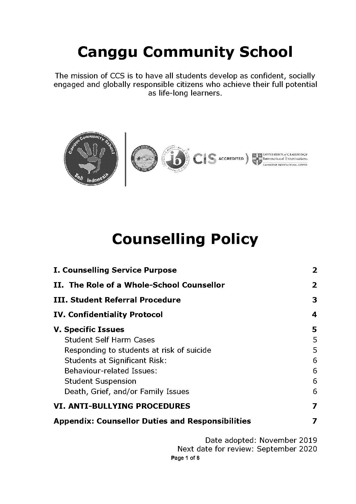 primary school counselling policy