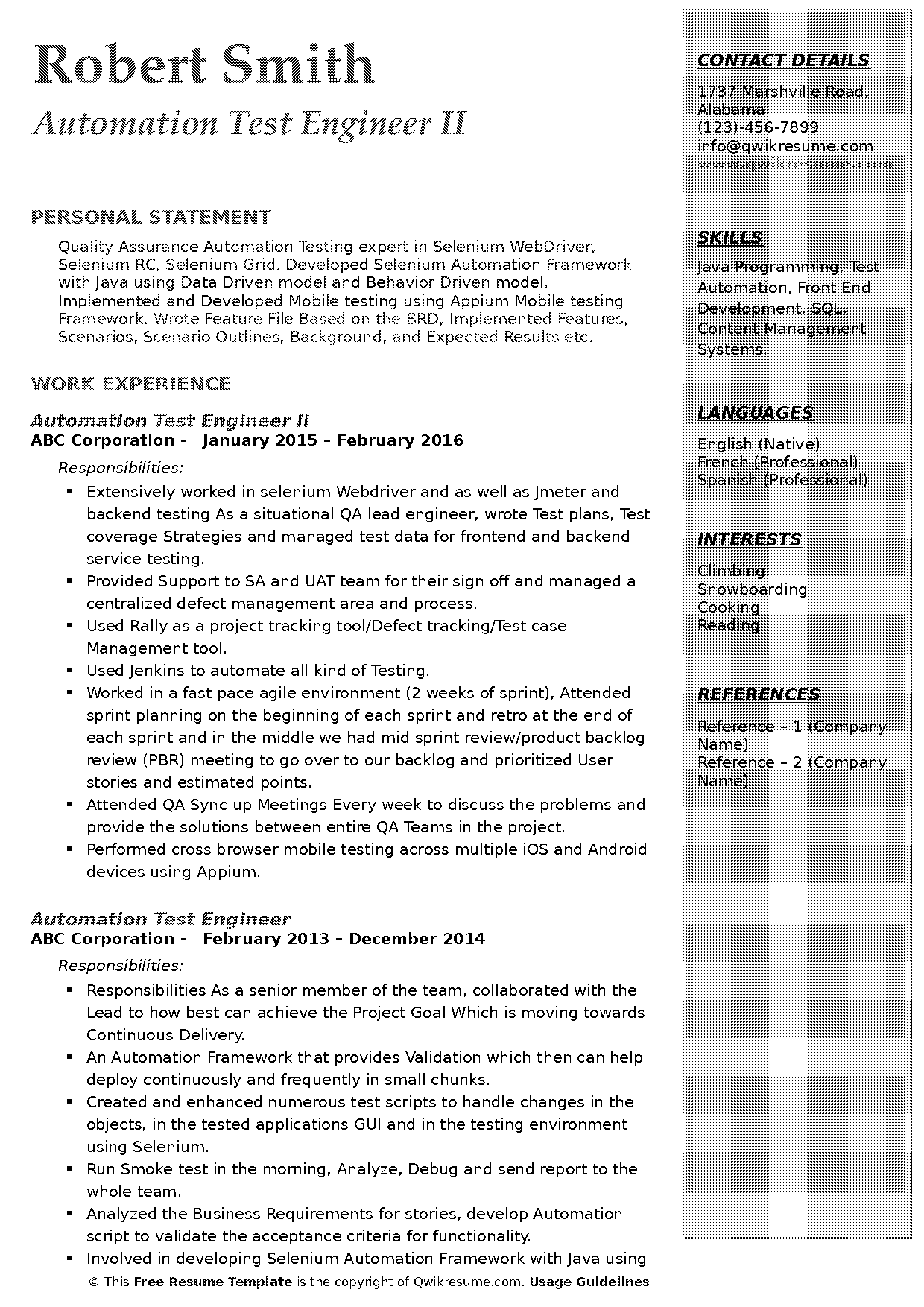 sample resume for automation test engineer selenium