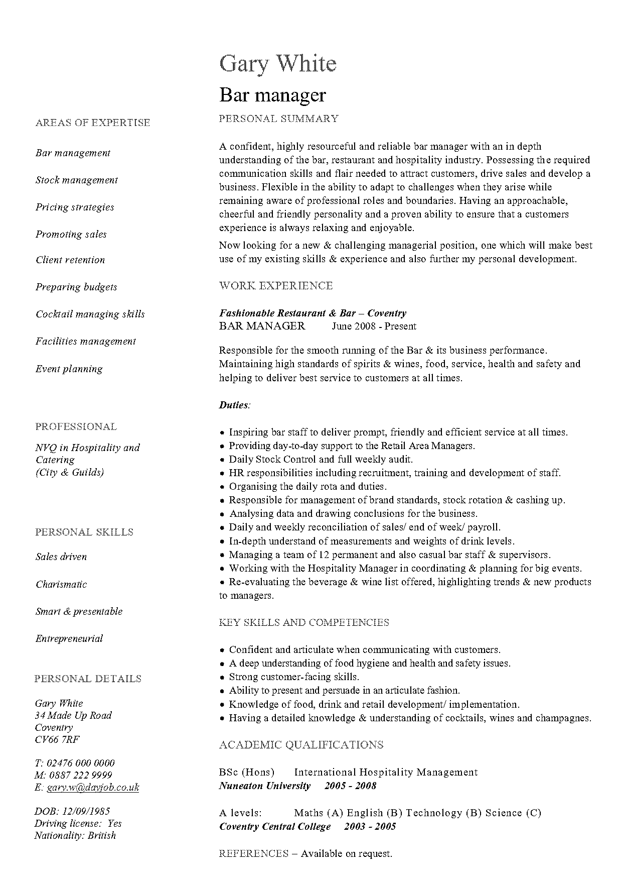 duty manager cv example