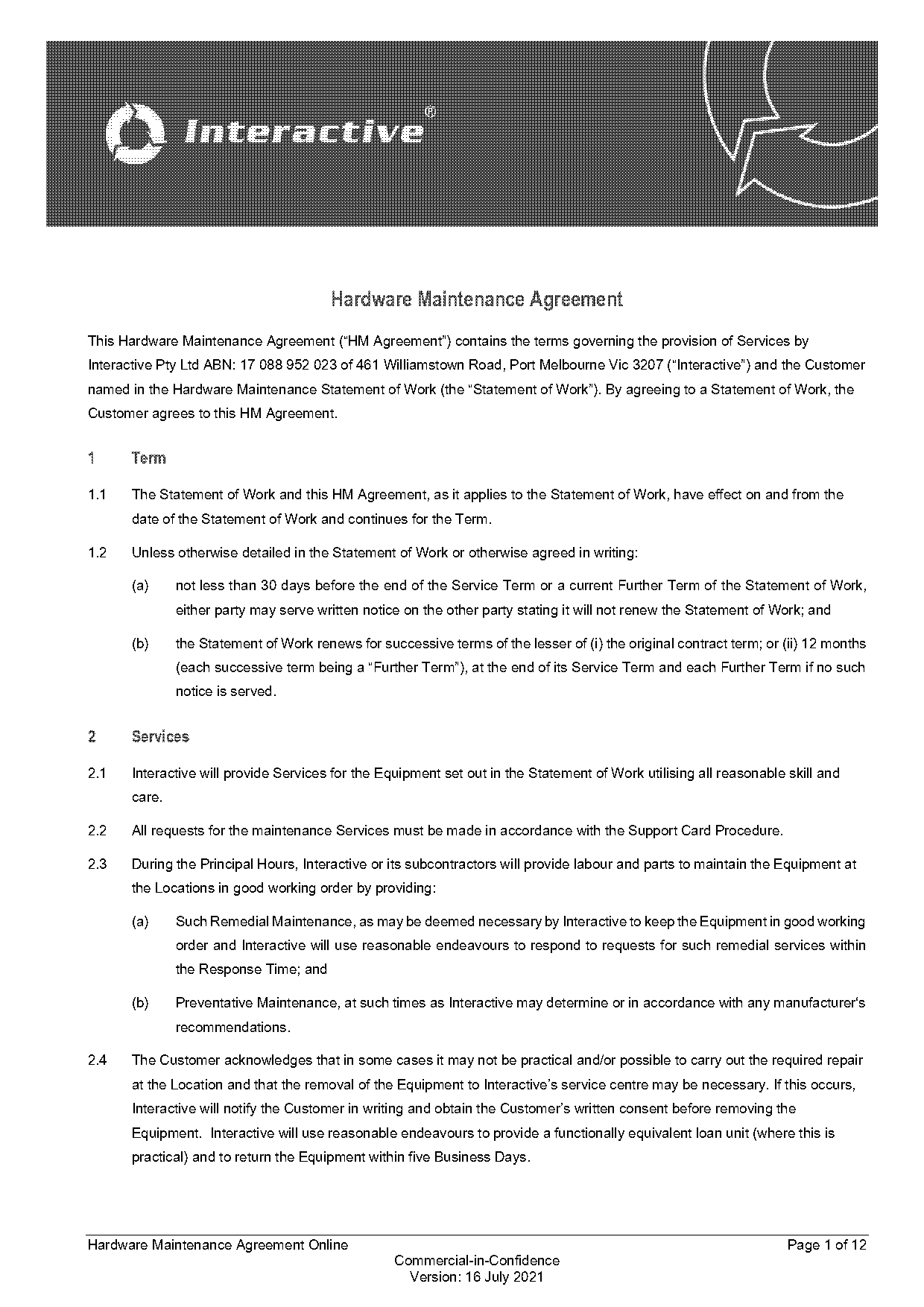 hardware maintenance agreement sample