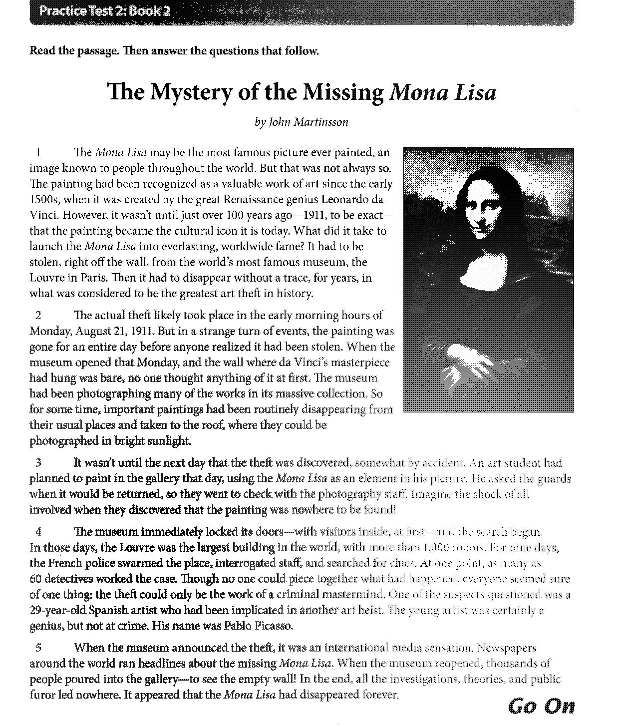 the mona lisa mystery reading comprehension worksheets