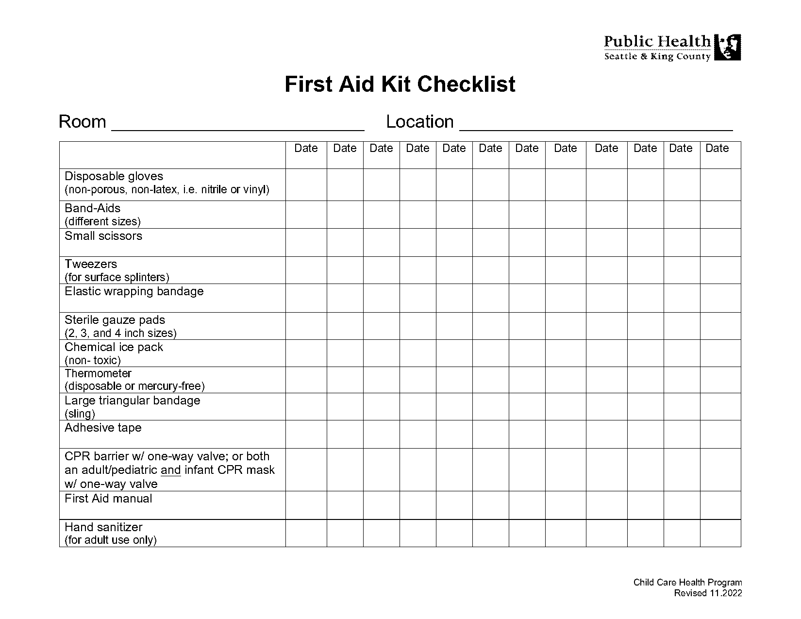 monthly first aid box contents checklist