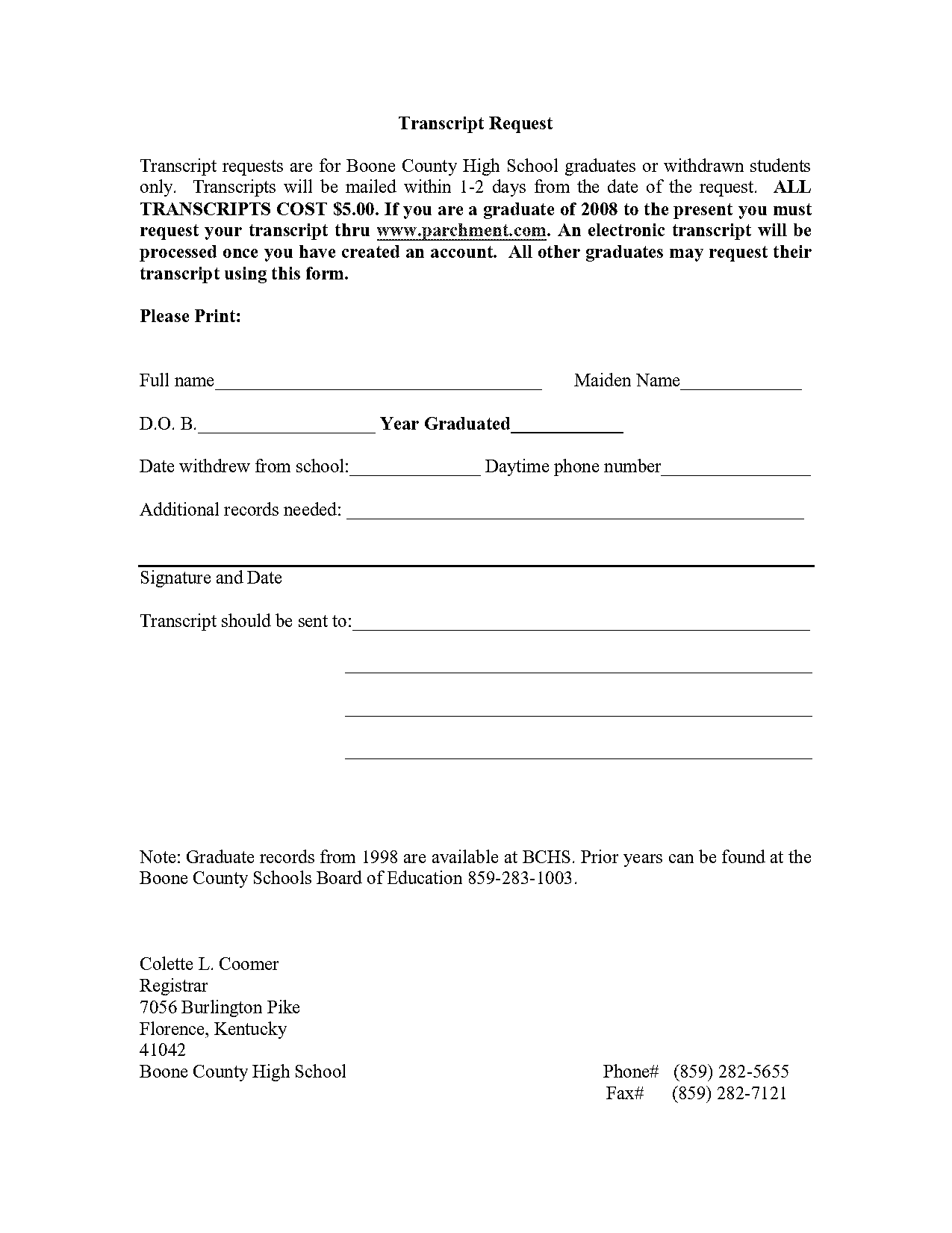 boone high school transcript request