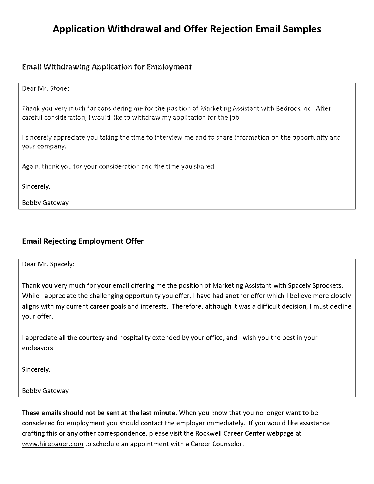 sample letter of job offer rejection