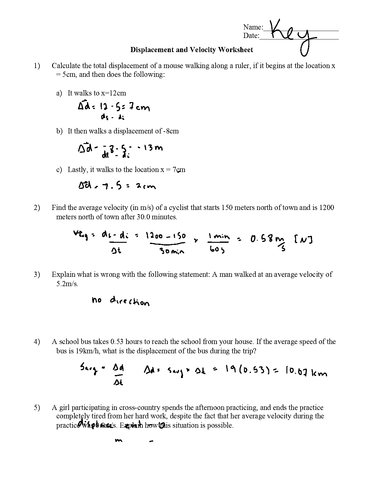 displacement and velocity worksheet pdf