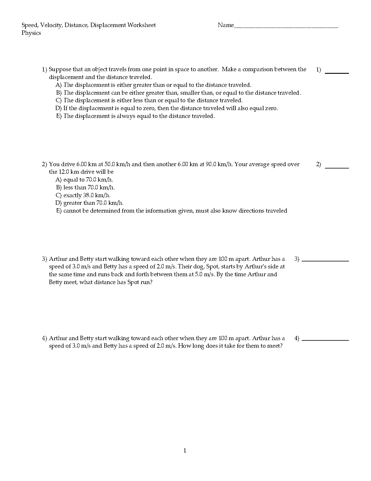 displacement and velocity worksheet pdf