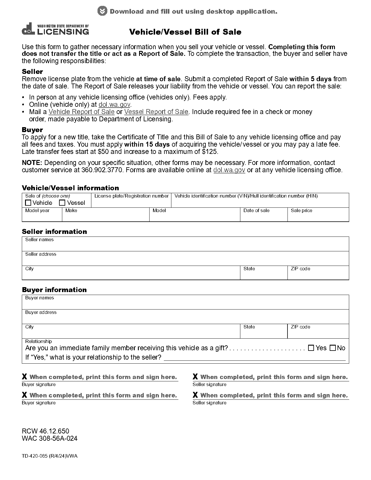 free blank bill of sale form download