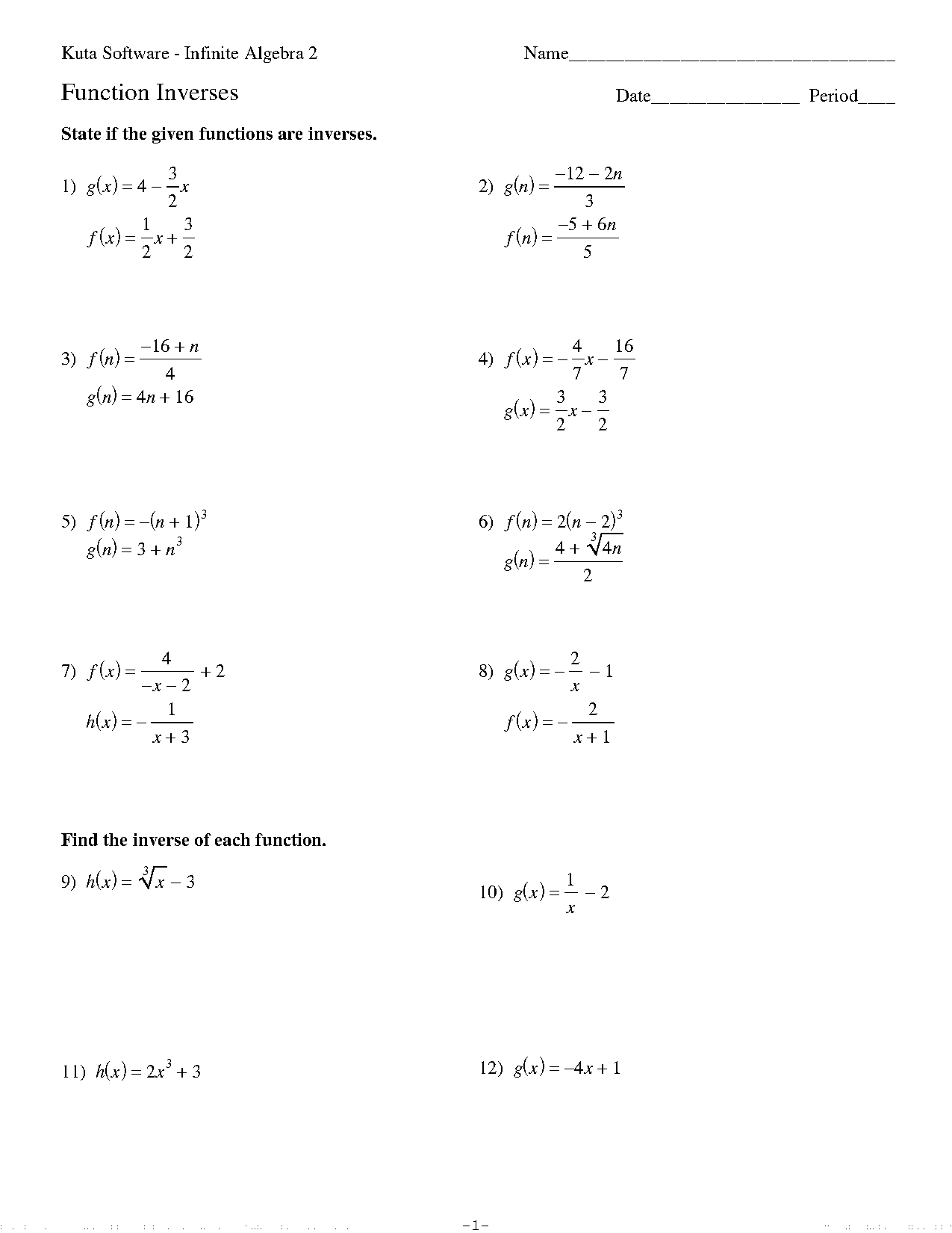 functions and inverses worksheet