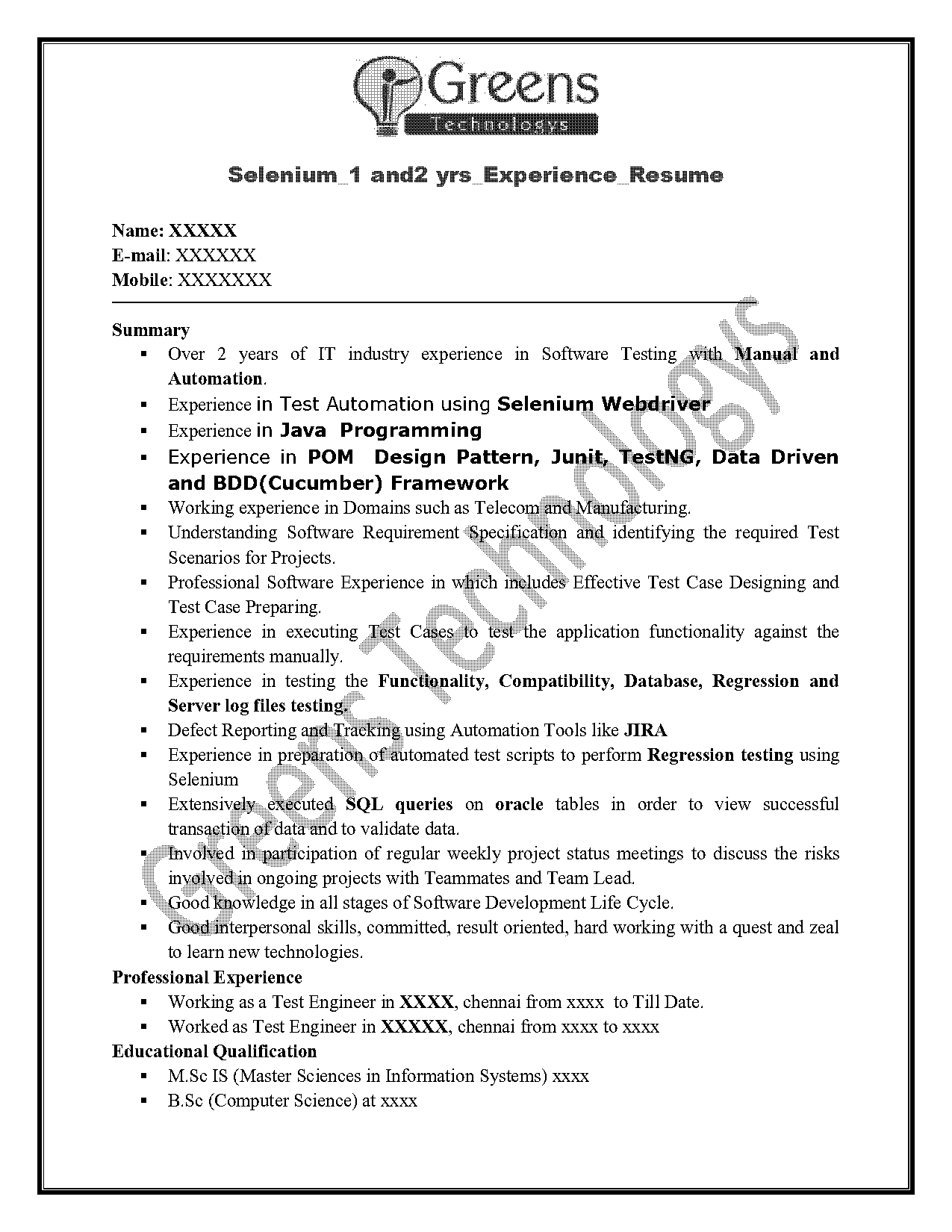 sample resume for automation test engineer selenium