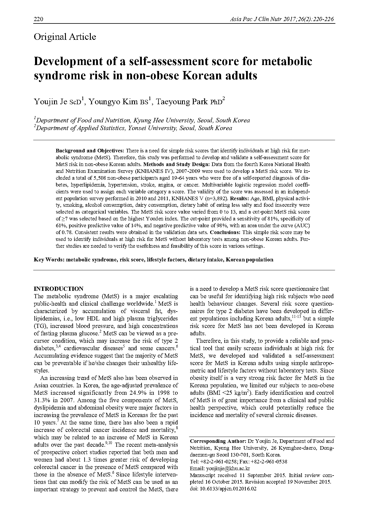 metabolic syndrome screening questionnaire