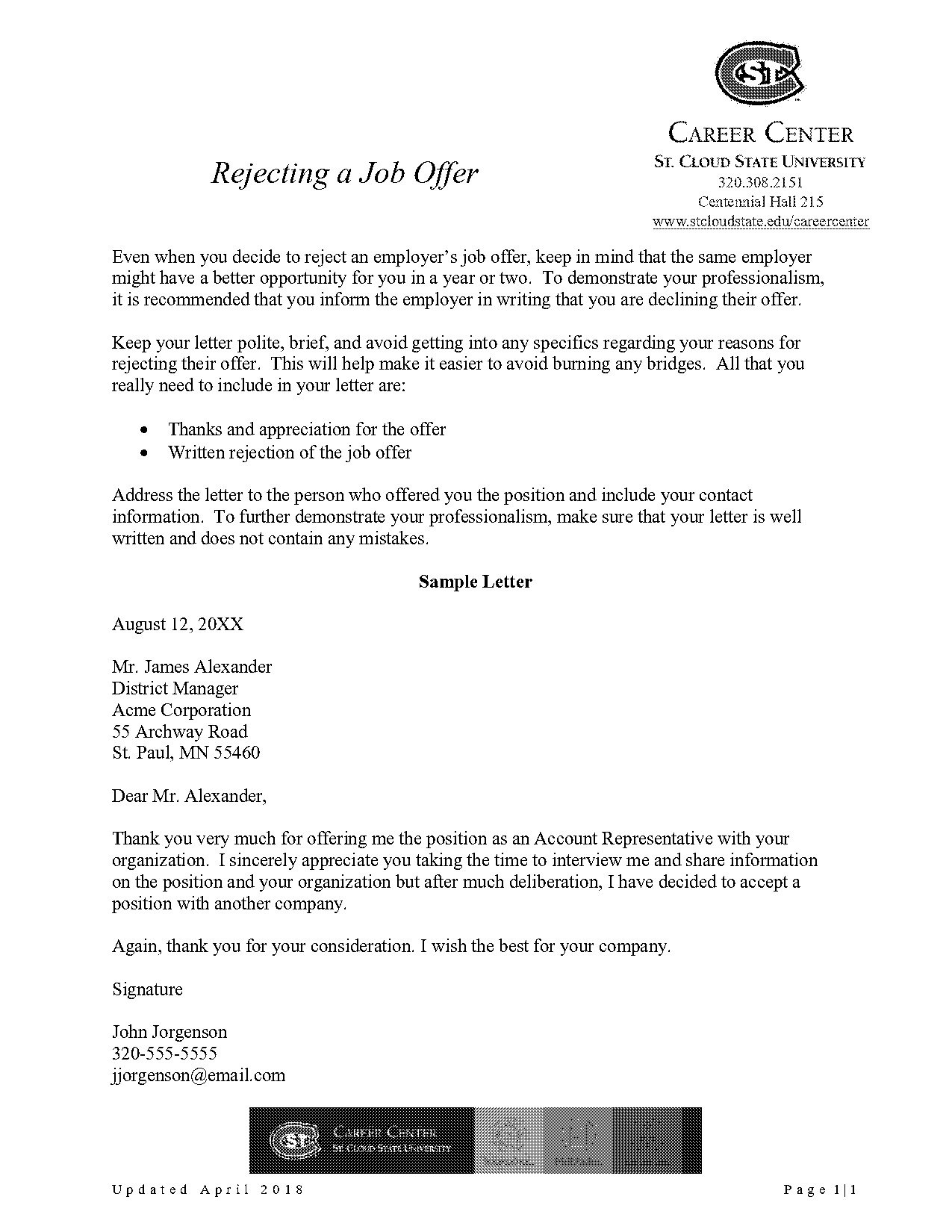 sample letter of job offer rejection