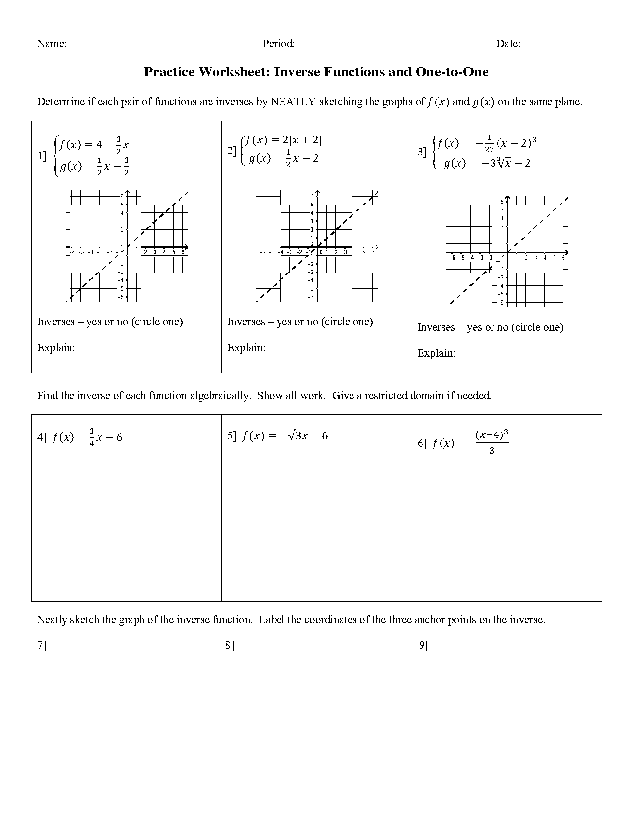 functions and inverses worksheet