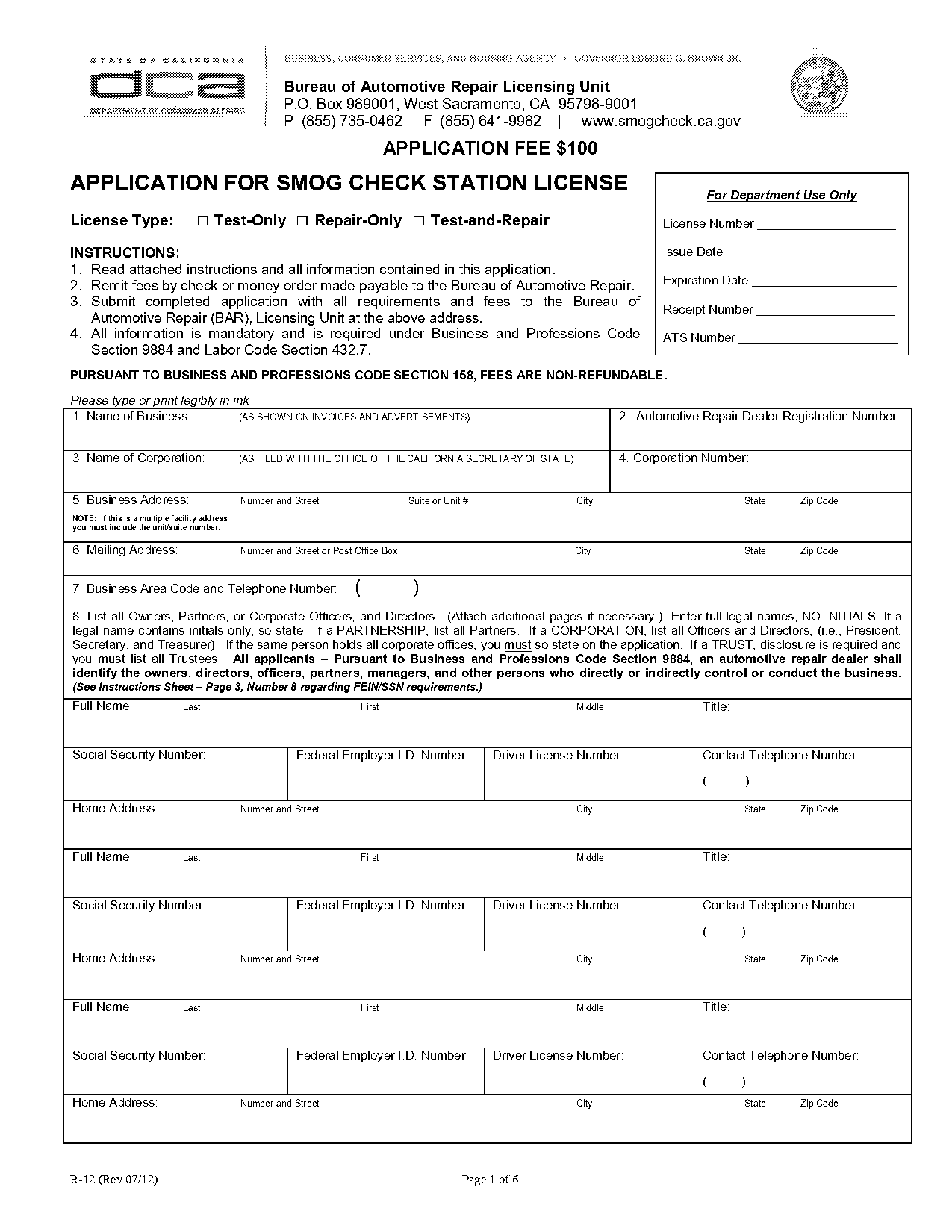 bar smog license application