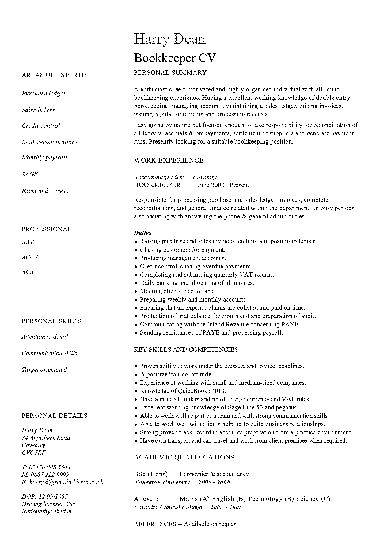 example of a bookkeeper resume