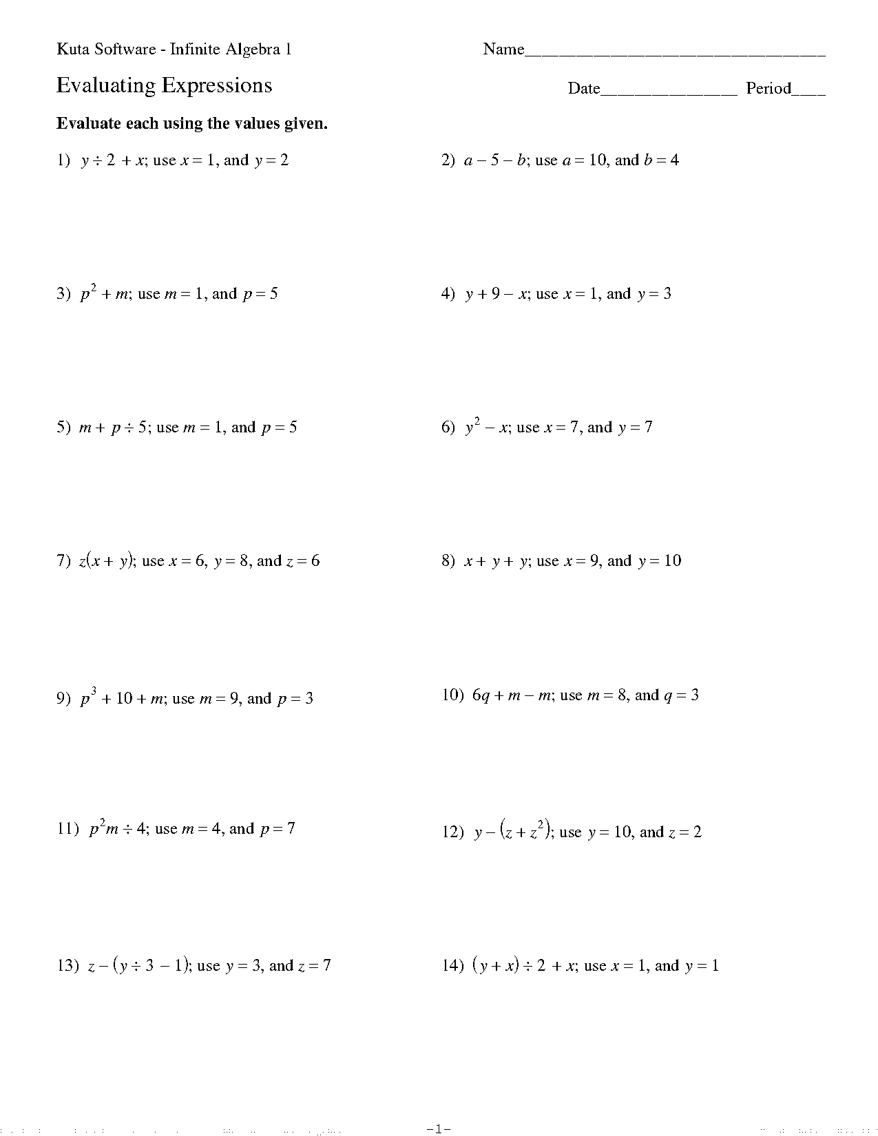 writing and evaluating expressions worksheet answer key