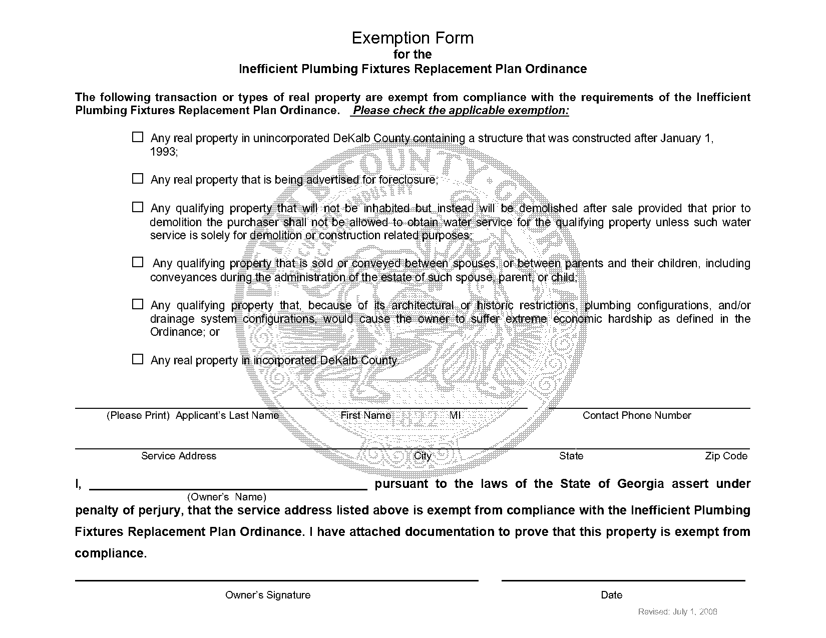 exemption form dekalb county water