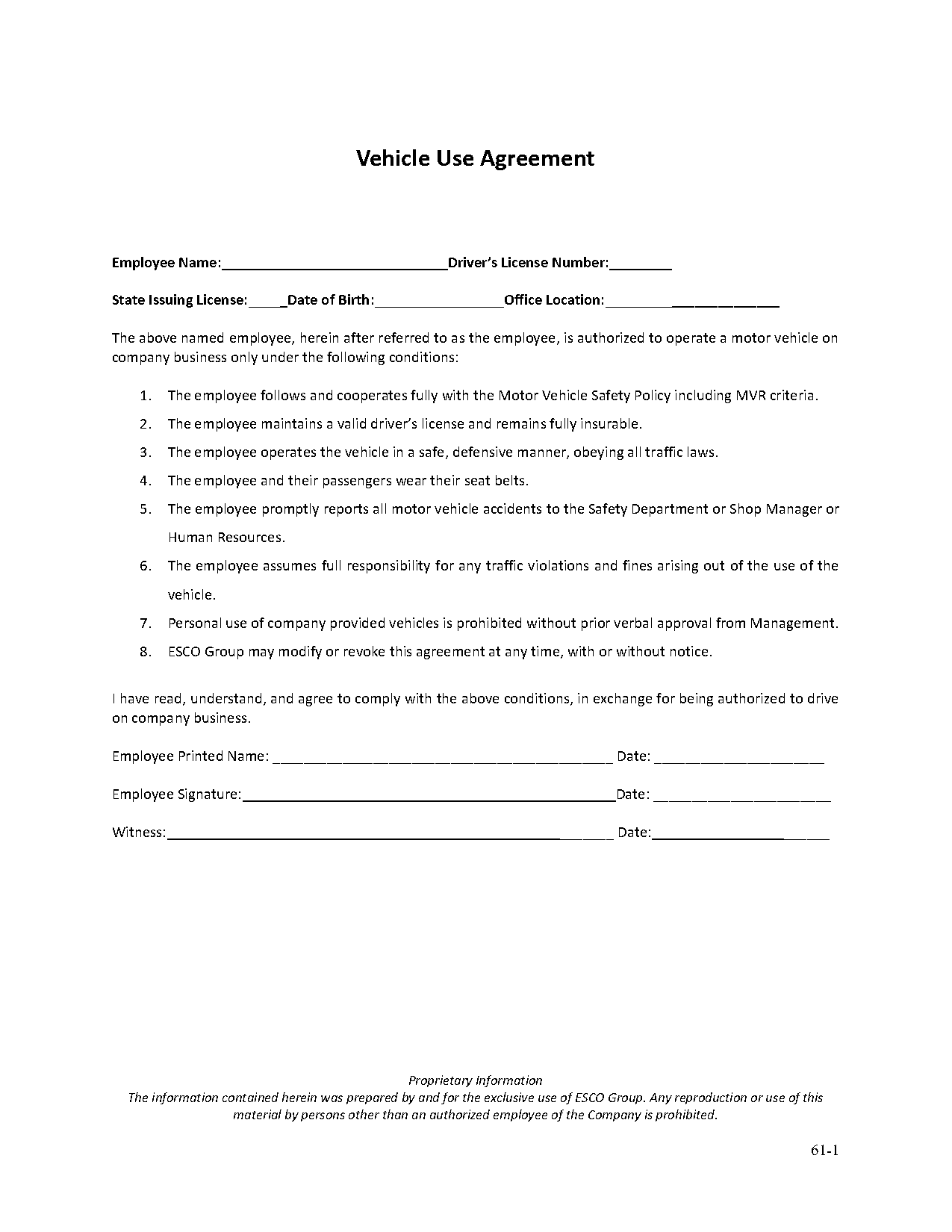 company vehicle agreement sample