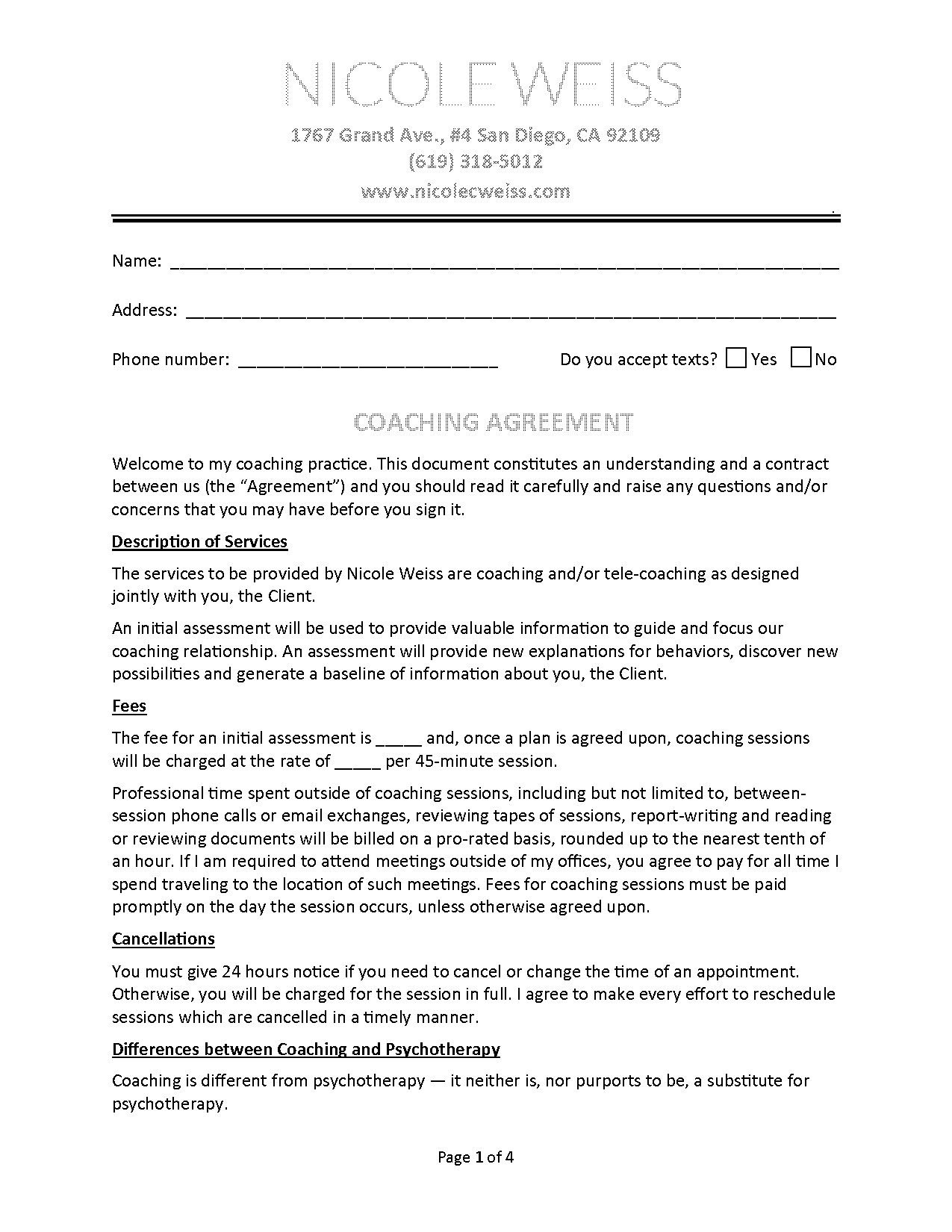 life coach agreement free template