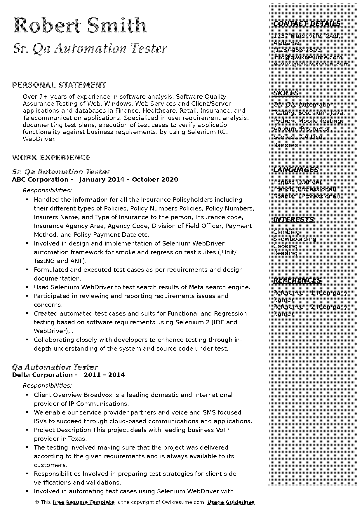 sample resume for automation test engineer selenium