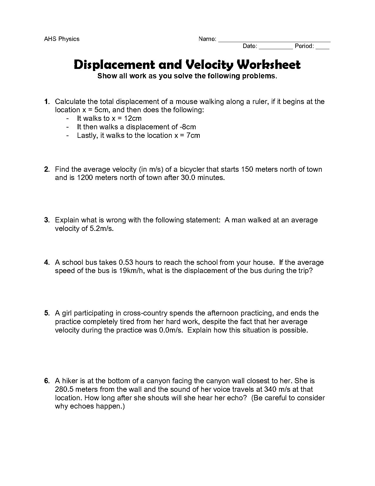 displacement and velocity worksheet pdf