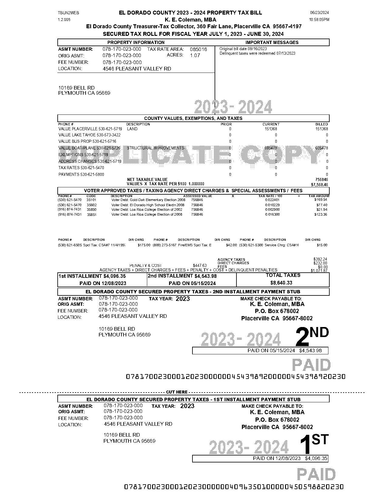 el dorado county ca property tax bill