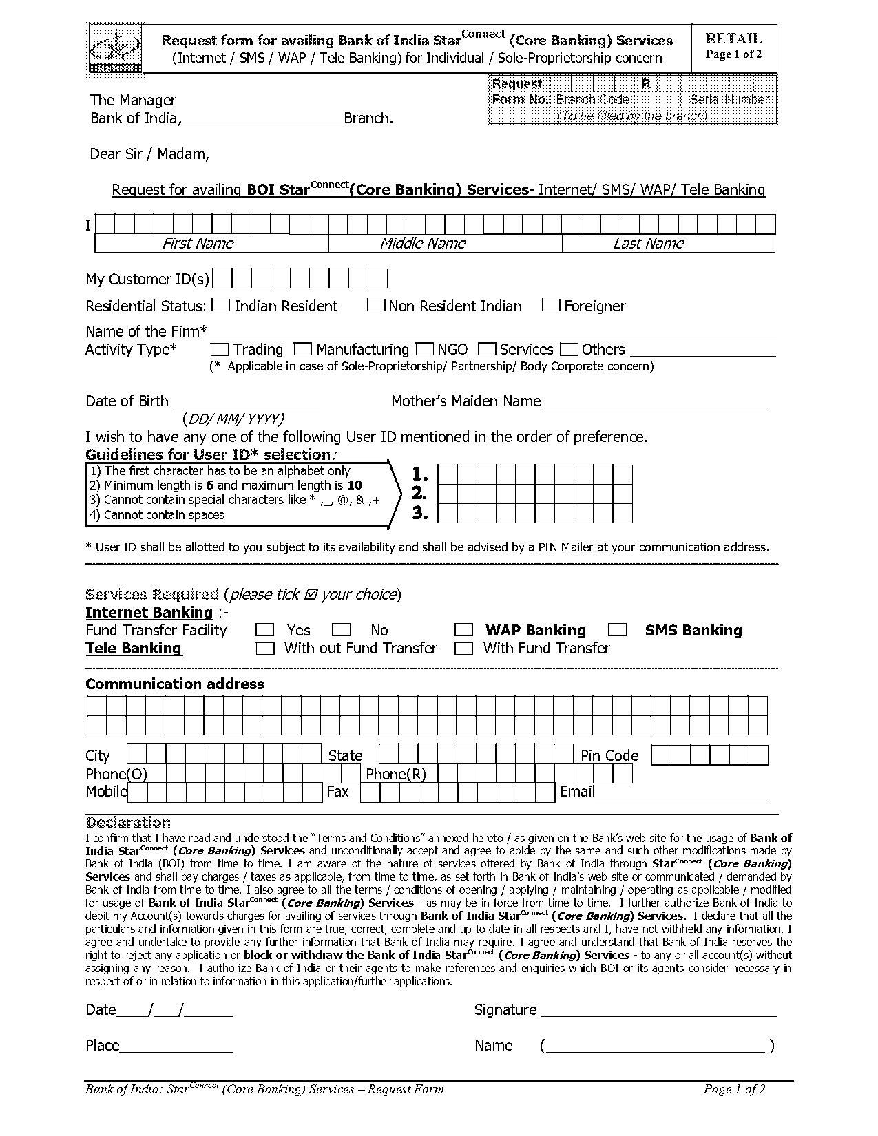 bank of india cheque book request form