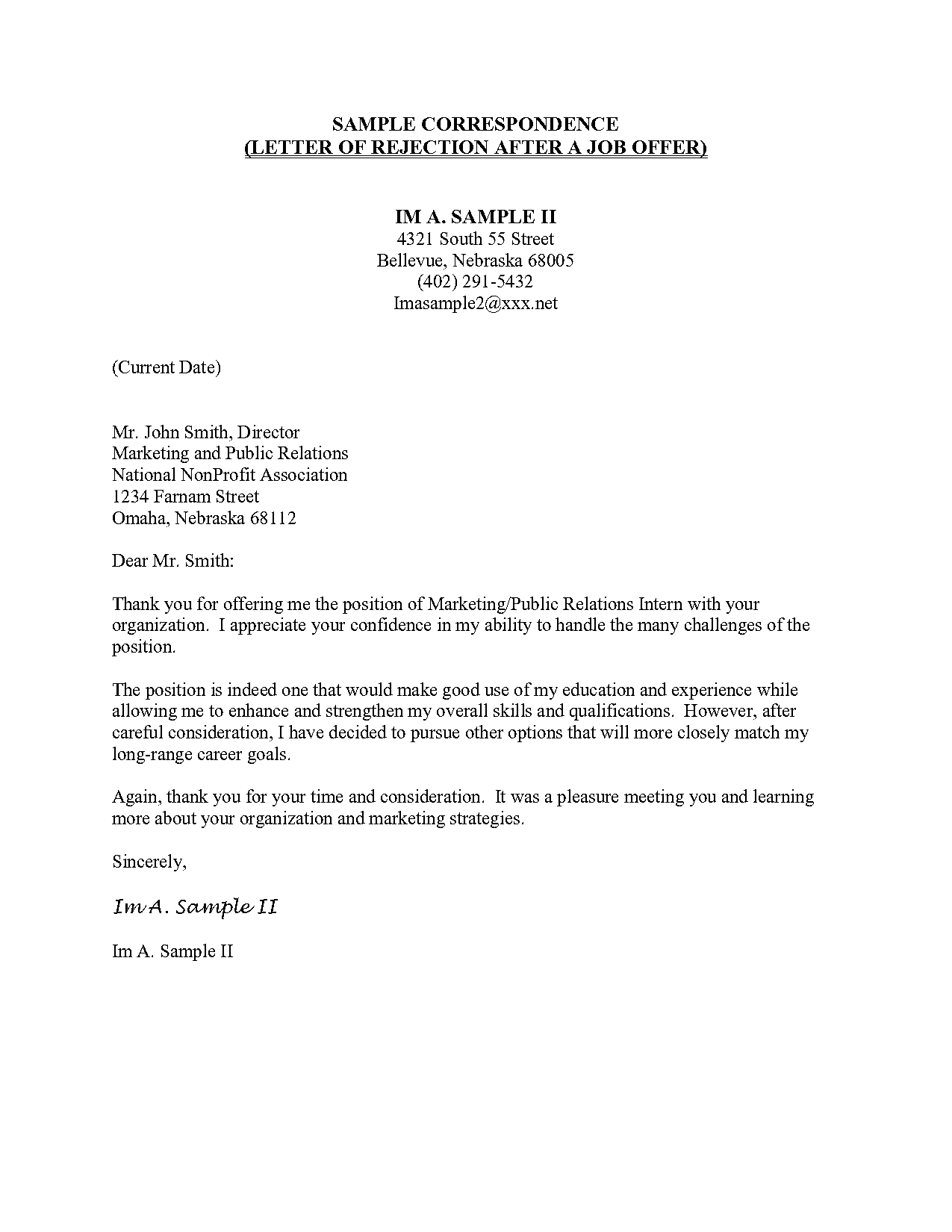 sample letter of job offer rejection